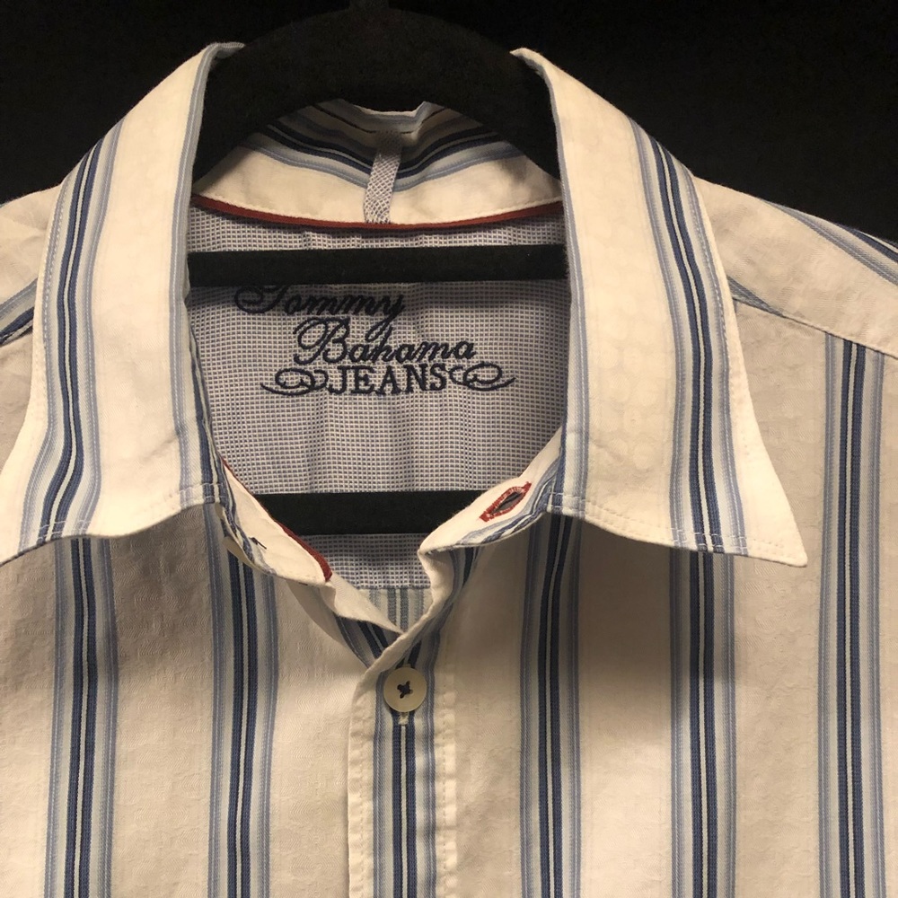 Tommy Bahama Jeans Men’s Button Down Long Sleeve Blue Striped Shirt, L